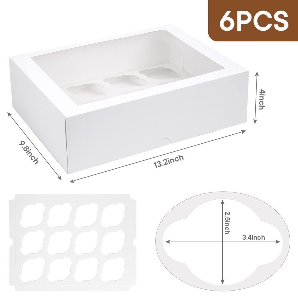 12 Count Cupcake Boxes, 6PCS Cupcake Container with Window Boxes Holding 72 Past