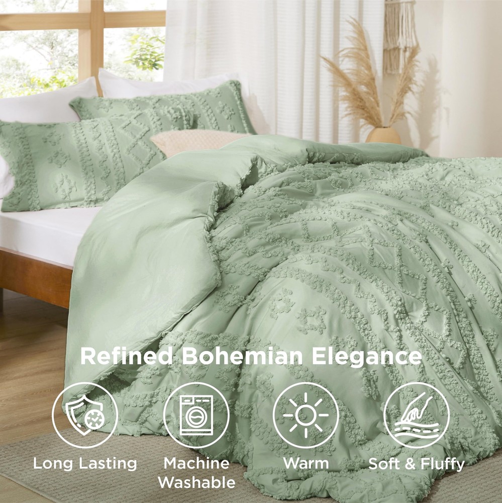 Bedsure Tufted Boho Comforter Set Queen Size Queen, 13 - Sage Green - Elegant