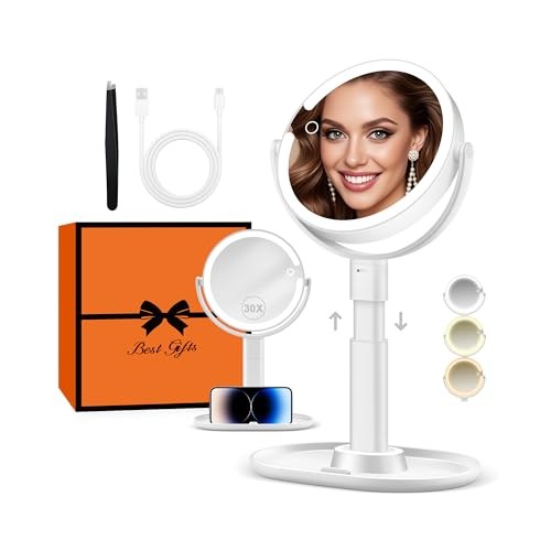 Makeup Mirror with Lights, Lighted Magnifying Mirror 30X with 3 Lighting White
