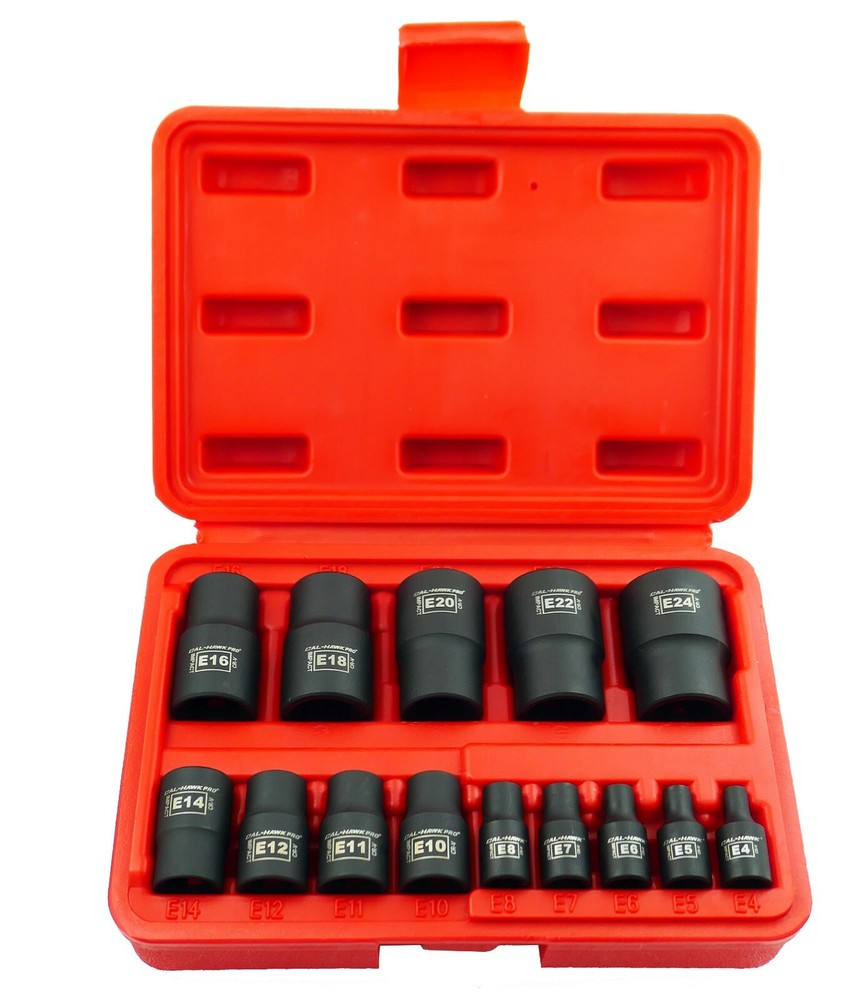 14-Pc Cr-Mo Female Star E-Torx External Bit Socket Set E4-E24 1/2" 3/8" 1/4" Dr.