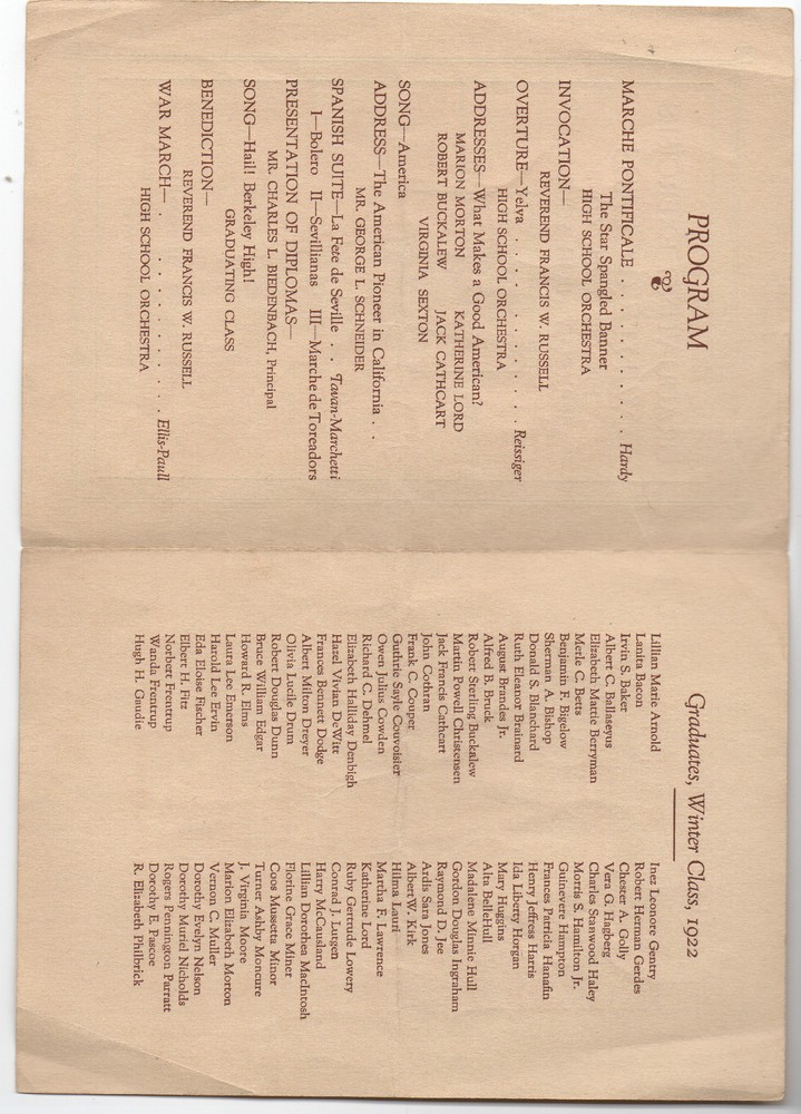 1921 Program from Graduating Exercises Berkeley High School CA