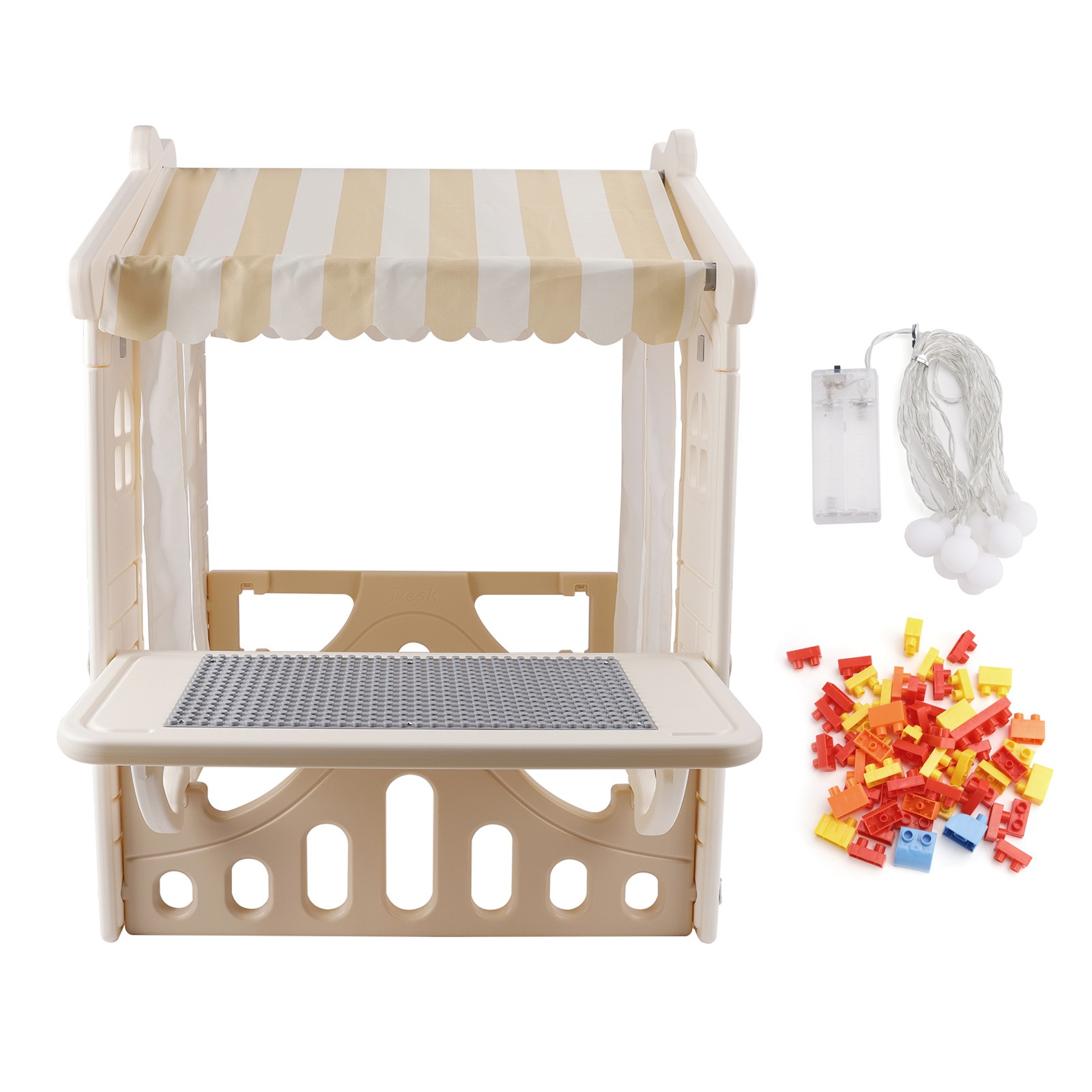Kid Plastic Outdoor Playhouse With Light Strip And Building Blocks Toddler Toy-