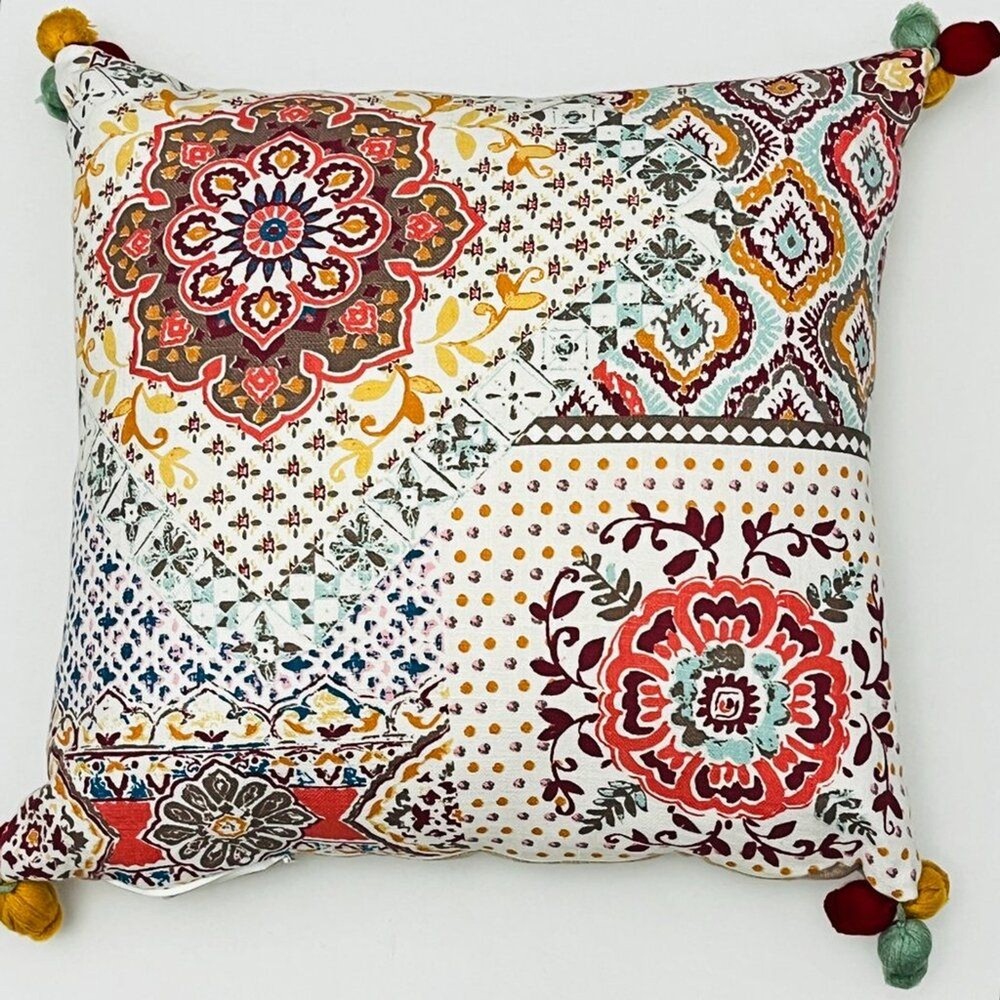 Anthology Elephant Embroidered Duck Down Square Throw Pillow Multicolor Boho