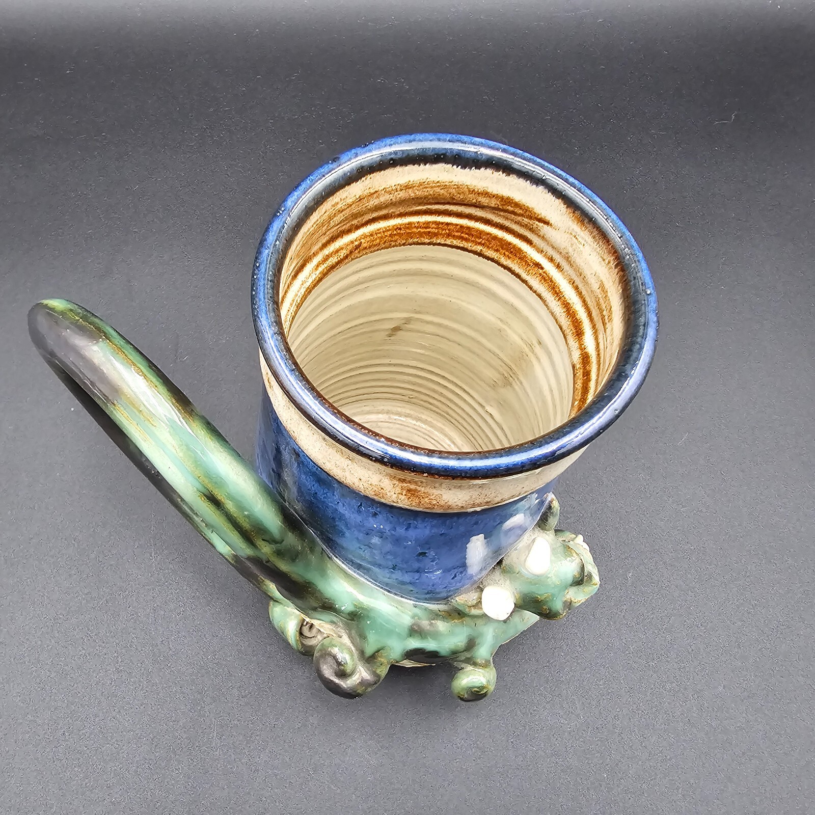 Studio Art Pottery Dragon Mug Stein Cup Large Artist Signed CM HR 7" tall