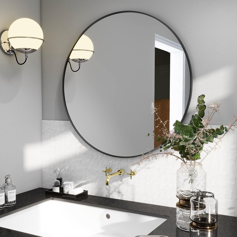 24-Inch Round Decorative Wall Mirror with Pre-Installed Hooks for Easy Mounting