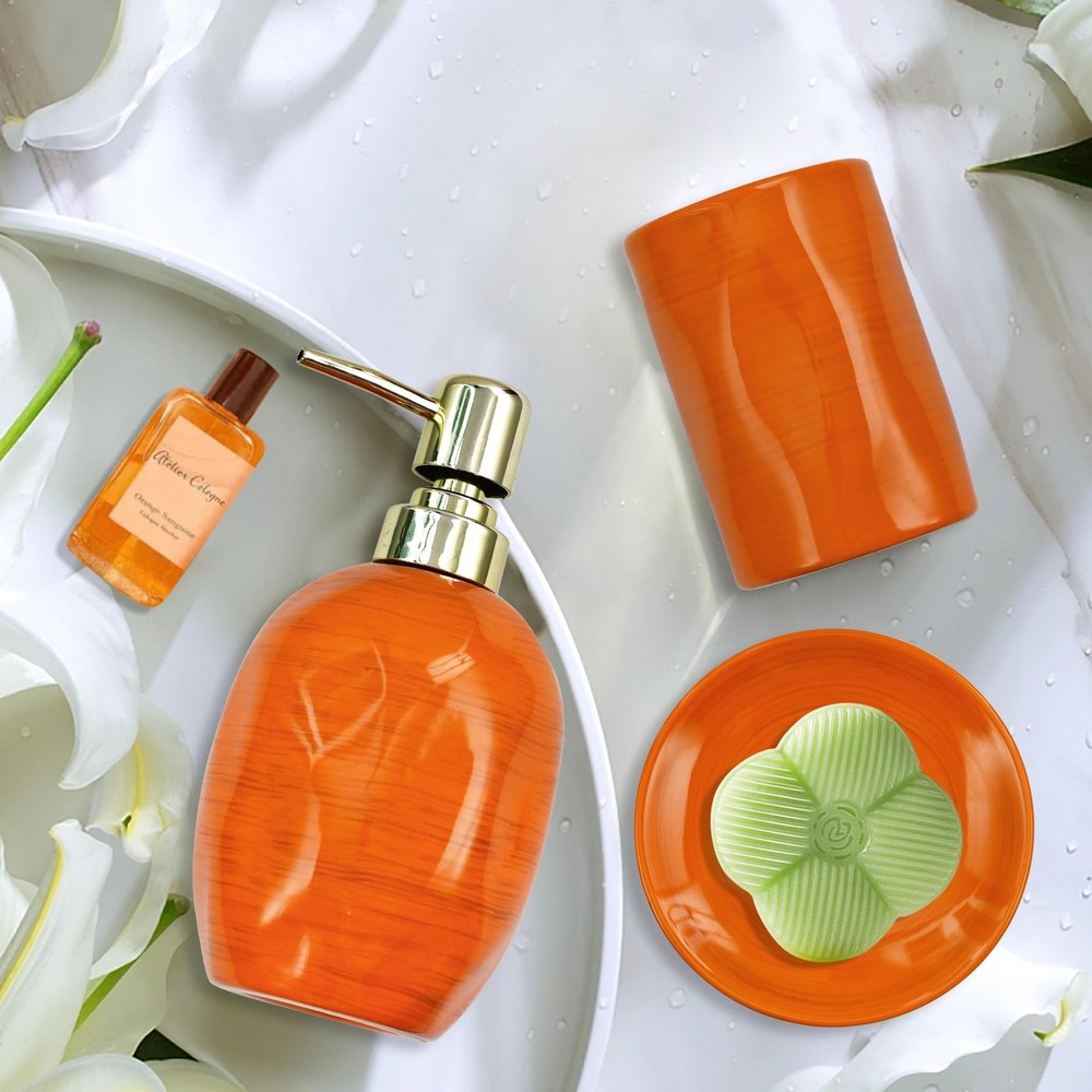 Burnt Orange Bathroom Set, 3PC Ceramic Bathroom Sets Complete, Toothbrush Hol...
