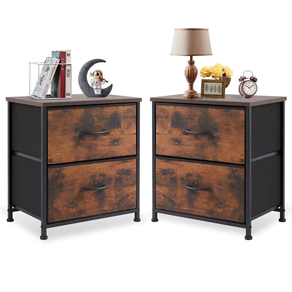 2-Drawer Nightstand Set with Fabric Bins – Rustic Brown Compact Bedside Tables