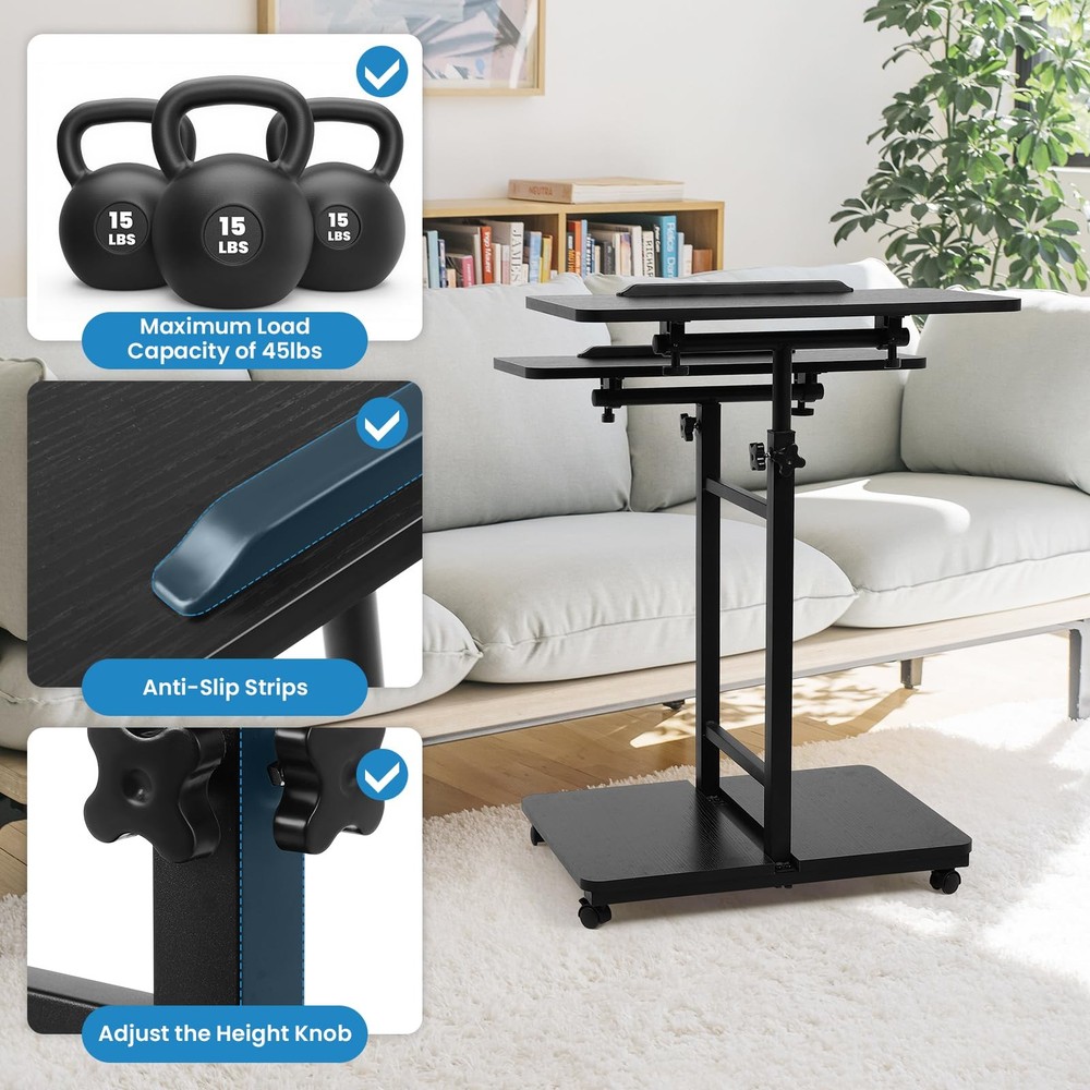 Computer Cart 23.6" Sit-Stand Desk - Height/Angle Adjust, Rolling, No Assembly