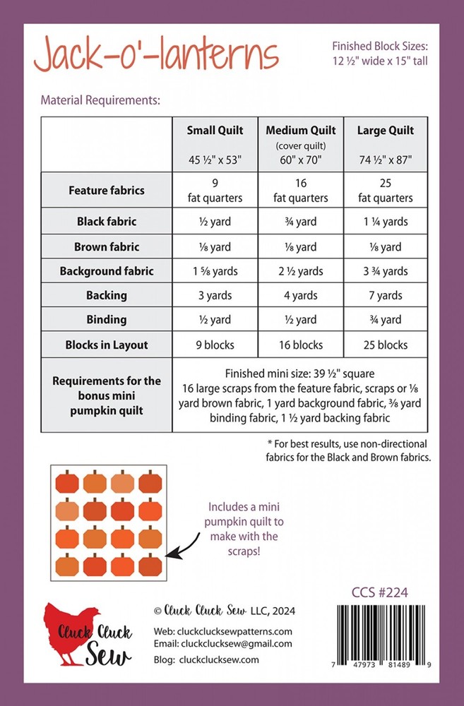 Cluck Cluck Sew JACK-O' LANTERNS - QUILT Pattern
