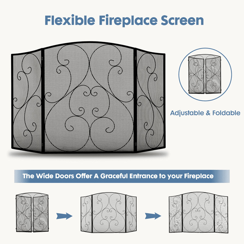 51" Fireplace Screen with Hinged Doors, 3 Panel Spark Guard Cover
