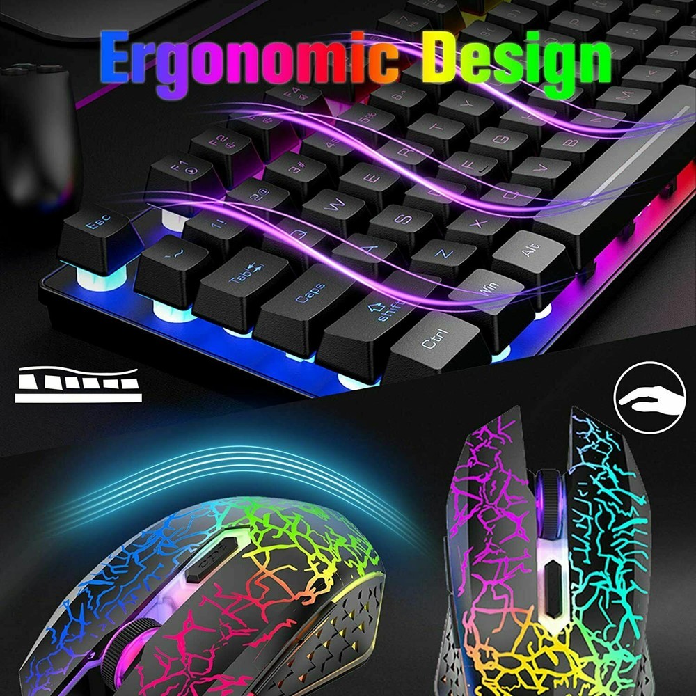 US Rechargeable Wireless Gaming Keyboard Mouse Combo 87 Key Rainbow LED Backlit