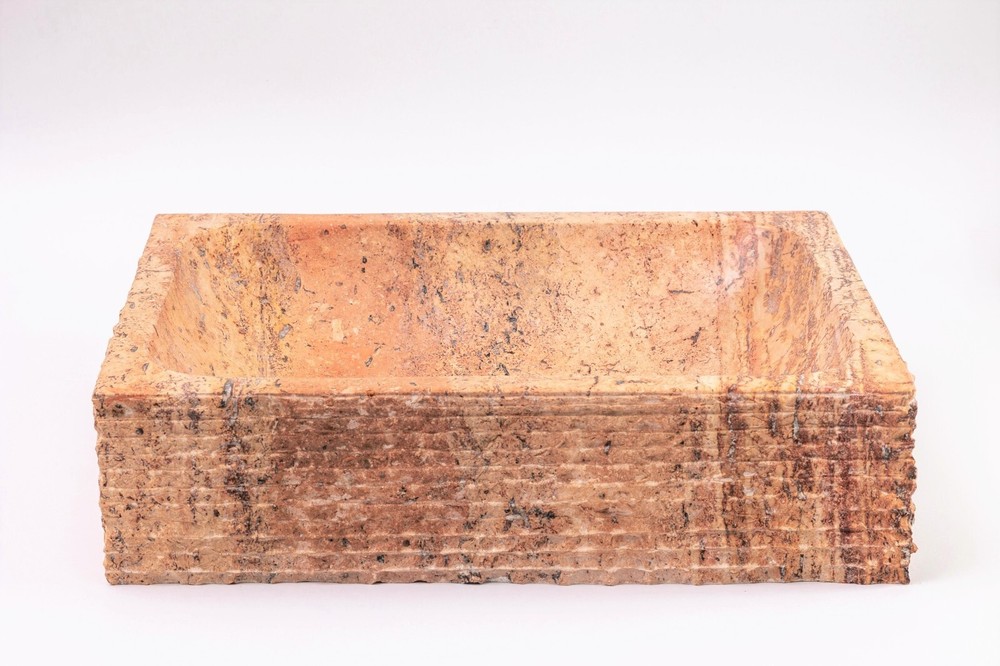 Natural Stone Vessel Bathroom Sink - Rustic Rectangular Peach Travertine