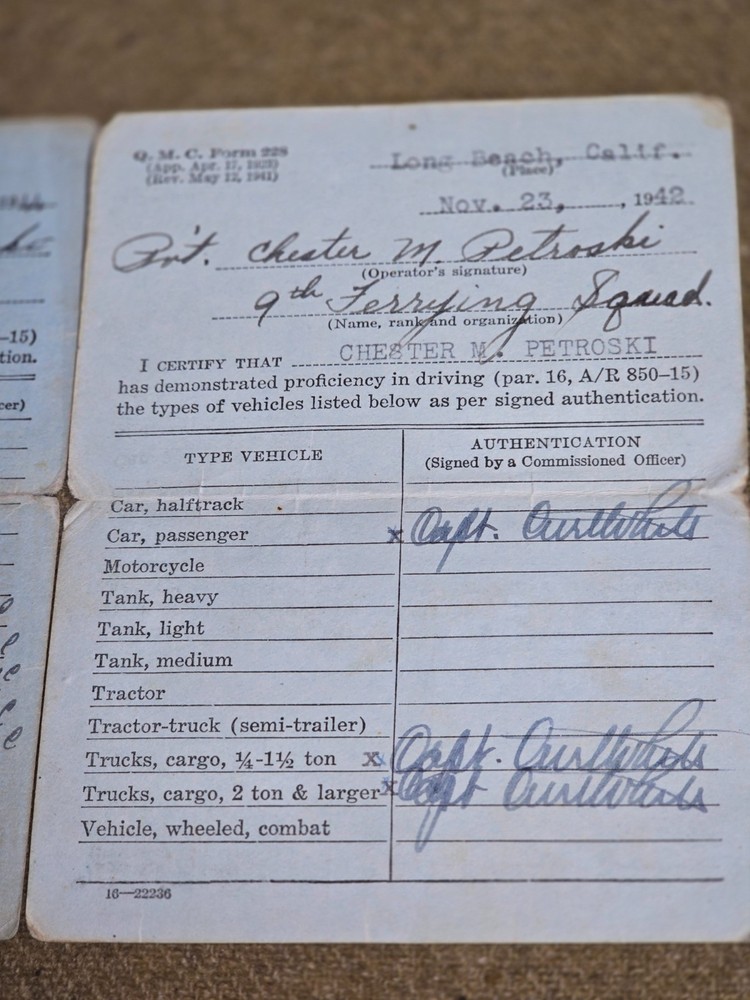 WWII US Army Medal list and Motor Vehicle Permit Books Named to Petroski