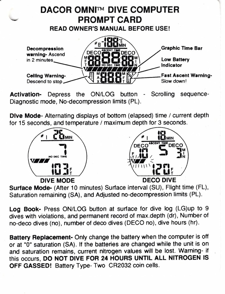 Plastic Dacor Omni Dive Computer Prompt Card SCUBA QUICK START GUIDE