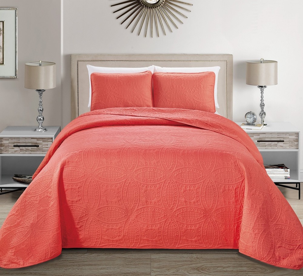 MK Home Mk Collection Solid Embossed Bedspread Bed Cover Over Size (Coral, Ki...