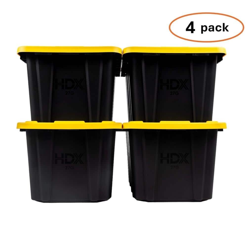 HDX 27 Gal. Tough Storage Tote in Black with Yellow Lid 4 Pack , New