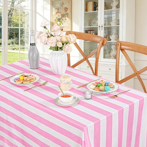 Striped Tablecloth 57 x 84 Inch 57" x 84" (Rectangular) Pink and White