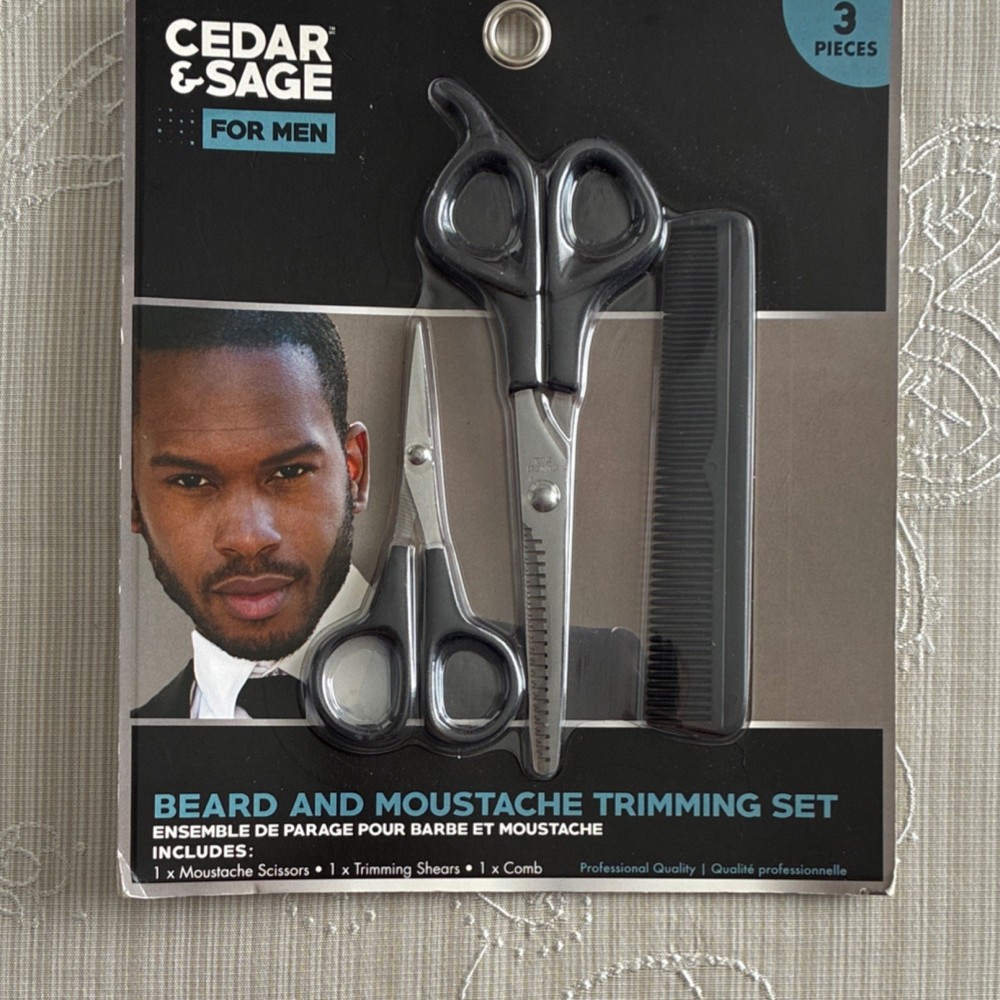 Cedar & Sage Beard & Moustache Trimming Set Black Silver Scissors Shears Comb