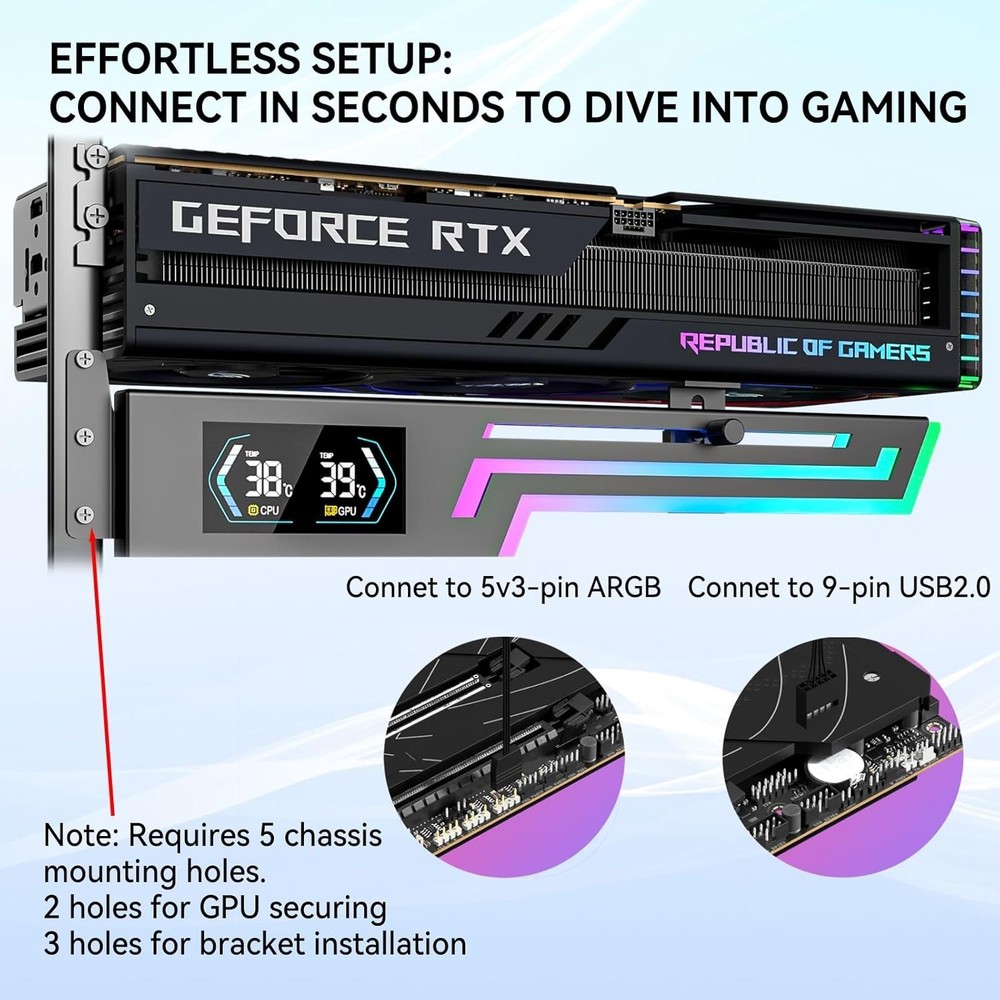 ARGB GPU Support Bracket with CPU & GPU Temp Display, Universal Graphics Card Su
