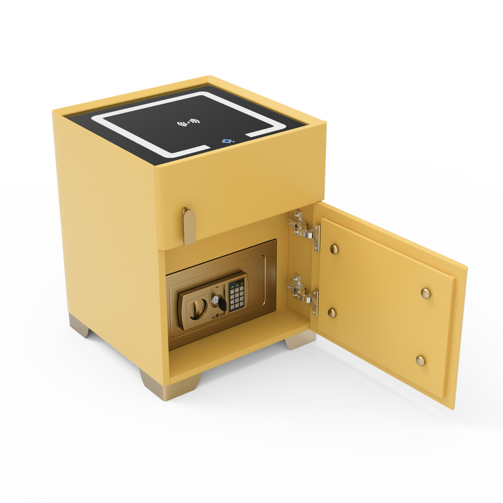 Yellow Smart Nightstand w/Security Safe Lock Box,3-Color Light,Wireless Charging