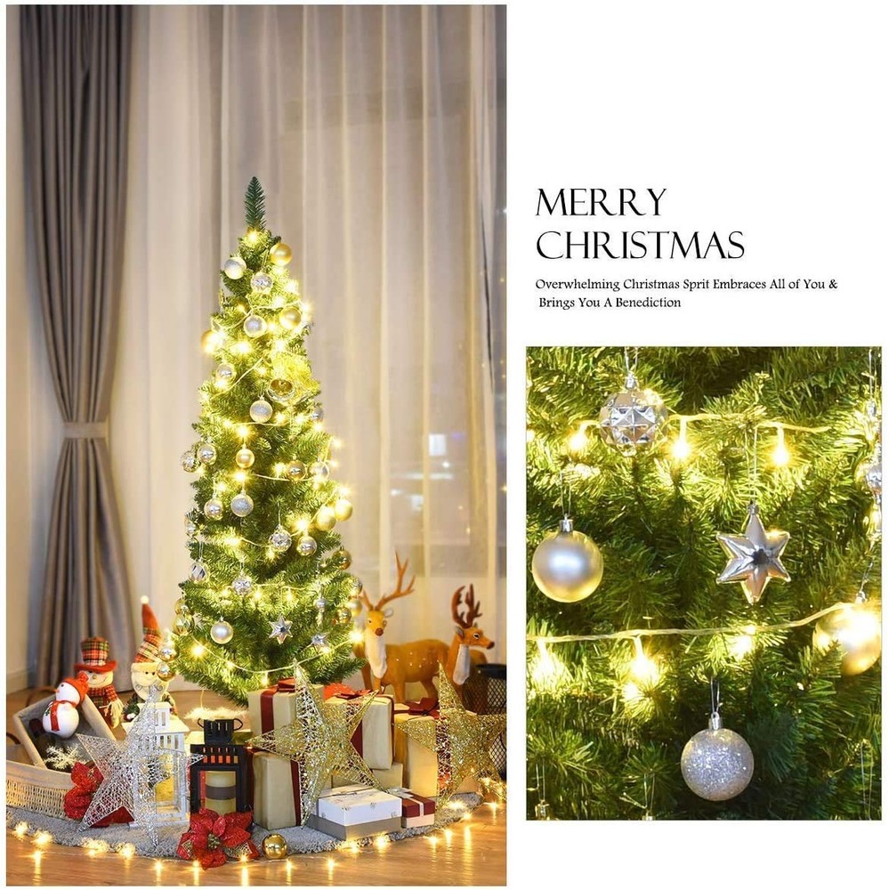 , Green Artificial Pencil Christmas, Premium Hinged Pine Tree with Solid Meta...