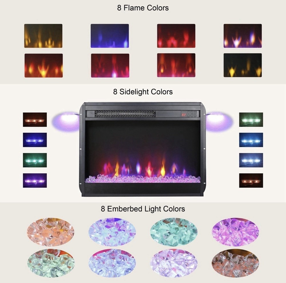 23" Electric Fireplace Insert with Remote Crystal Realistic Flame Timer Heater