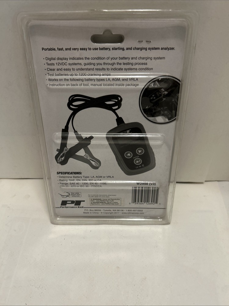 Performance Tool W2998 Digital 12v Battery Analyzer Tests DC Systems