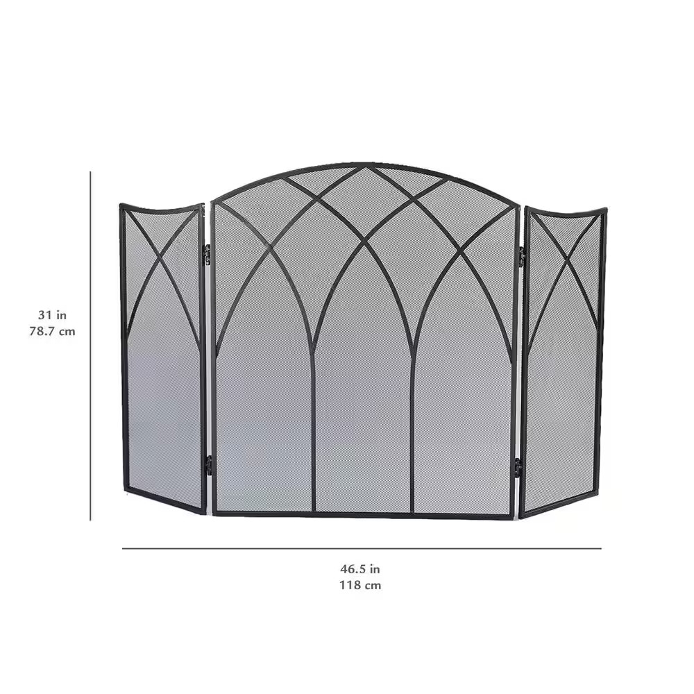 Gothic Black Steel 3-Panel Fireplace Screen