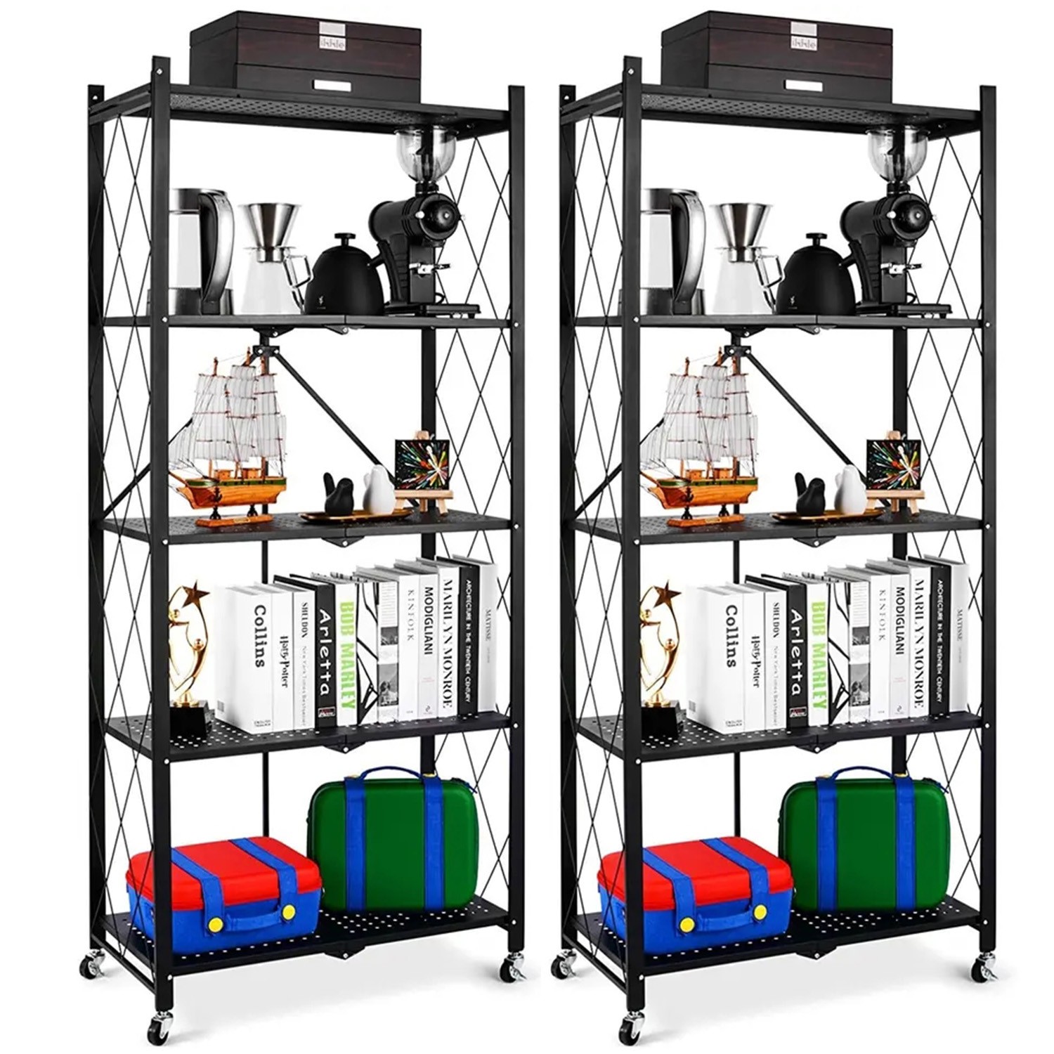 2x Foldable 5-Tier Storage Shelves w/ Wheels Heavy Duty Organizer Kitchen Garage