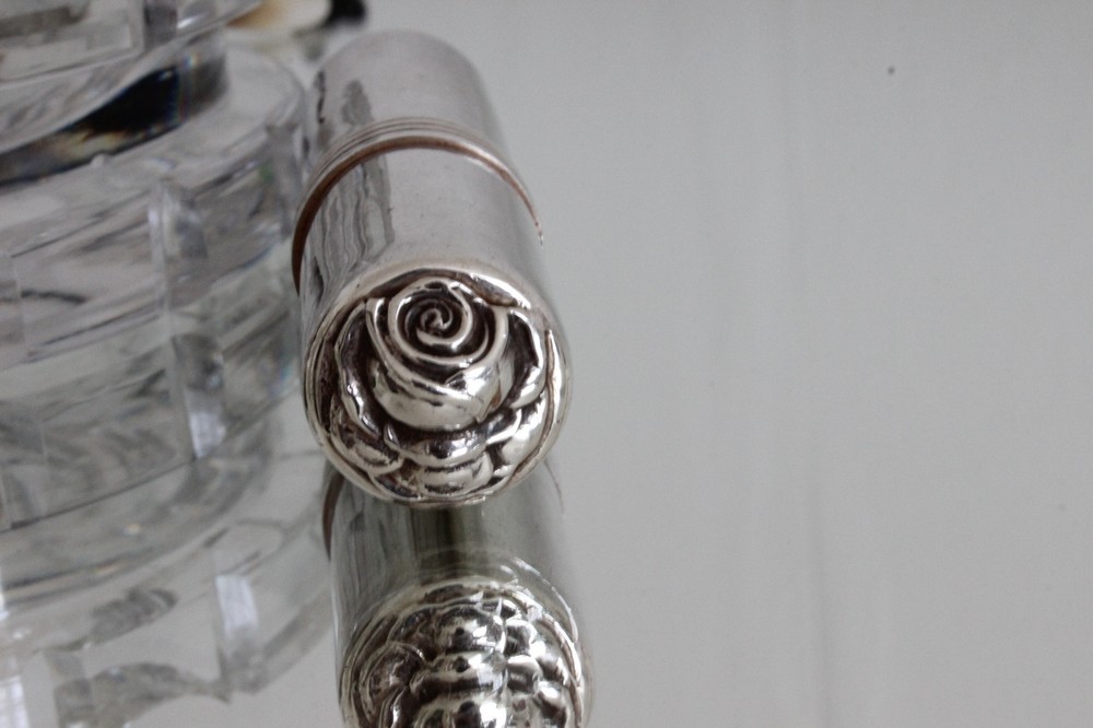 Vintage Solid Silver Blusher Brush with Rose Embossed Lid (Lipstick Size)
