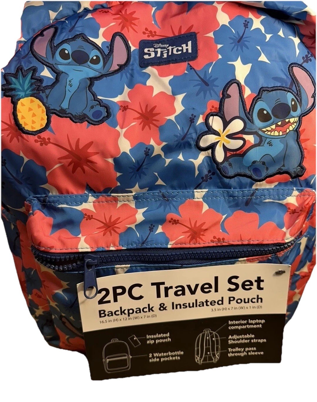 NEW Disney Stitch 2 Pc Travel Set Backpack + Insulated Pouch • Hibiscus AOP