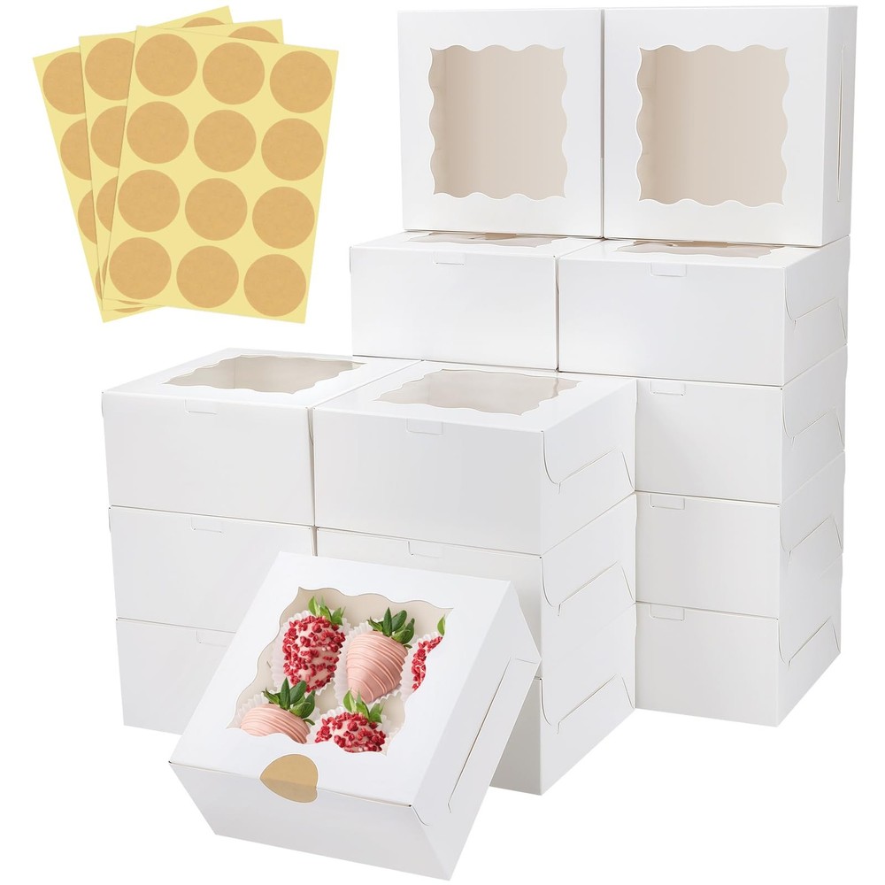 30 Pcs White Bakery Boxes with Window 6x6x3 Inch