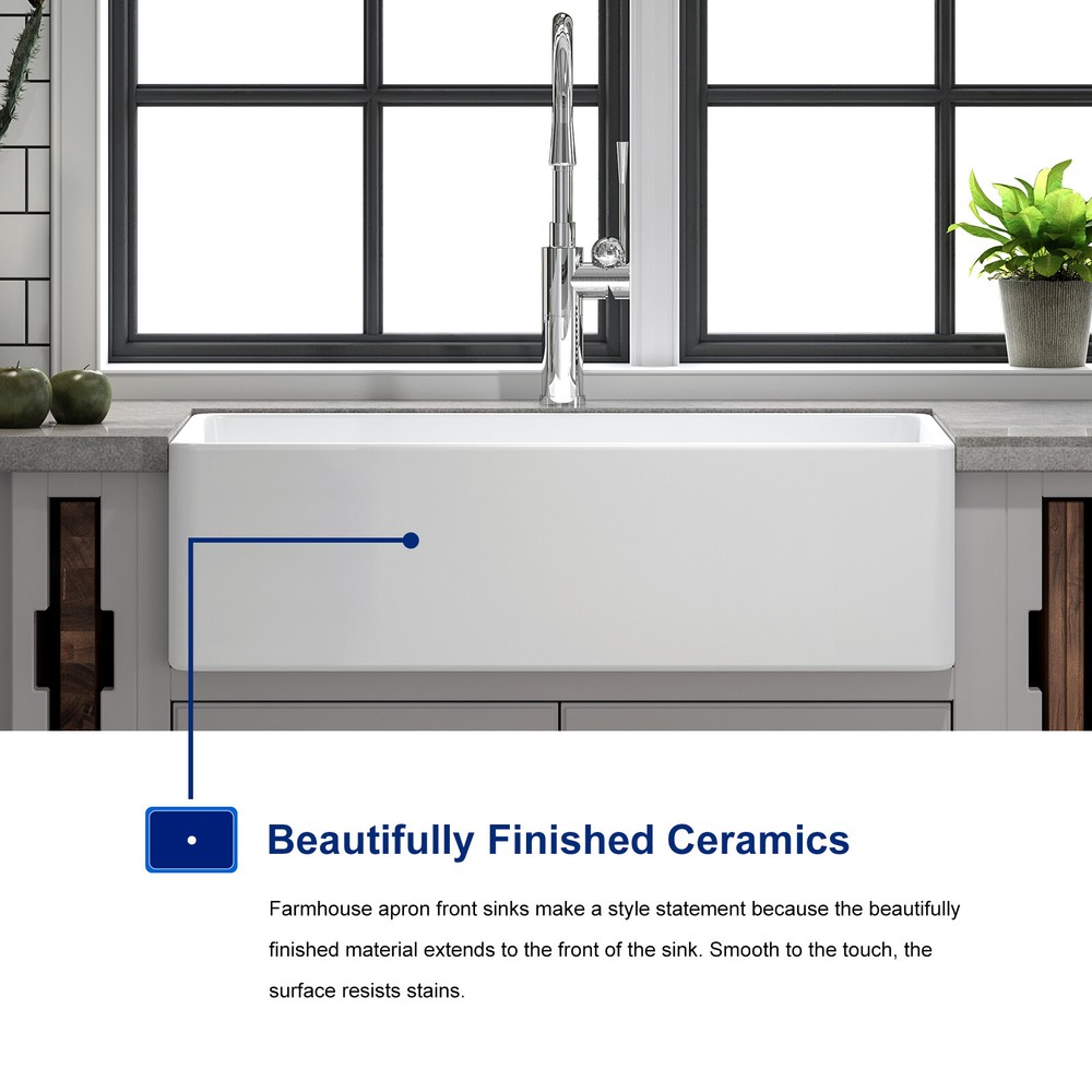 36'' 33"30" Kitchen Sink White Rectangular Ceramic Apron Farmhouse Sink Strainer