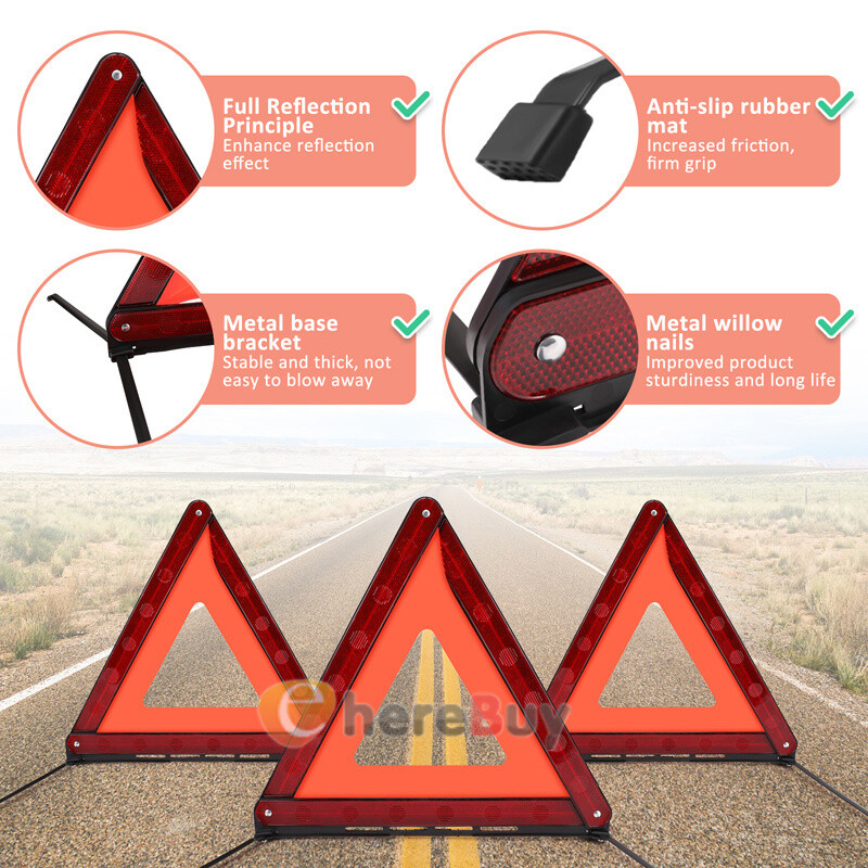 3x Large Warning Car Triangle Reflective Road Emergency Breakdown Safety Hazard