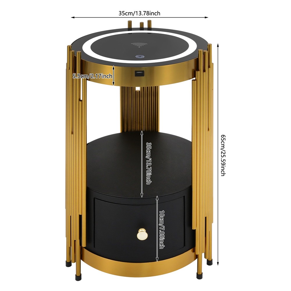 Bedside Table Smart Nightstand W/Wireless Charging LED Bed Side Table W/Drawer