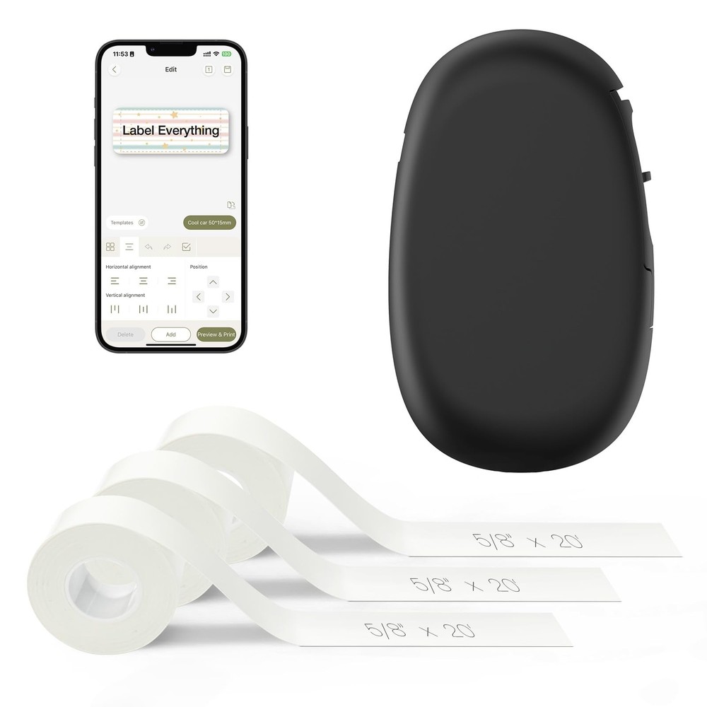 E10 Bluetooth Label Maker Machine with 3 Tapes Inkless Thermal Printer Black