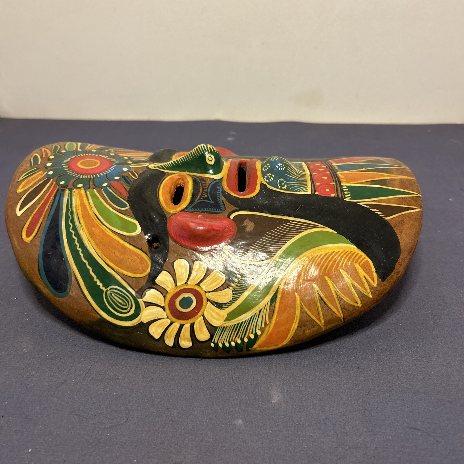 Vintage Mexican Brown Ceramic Hanging Mask Folk Art Hand Made