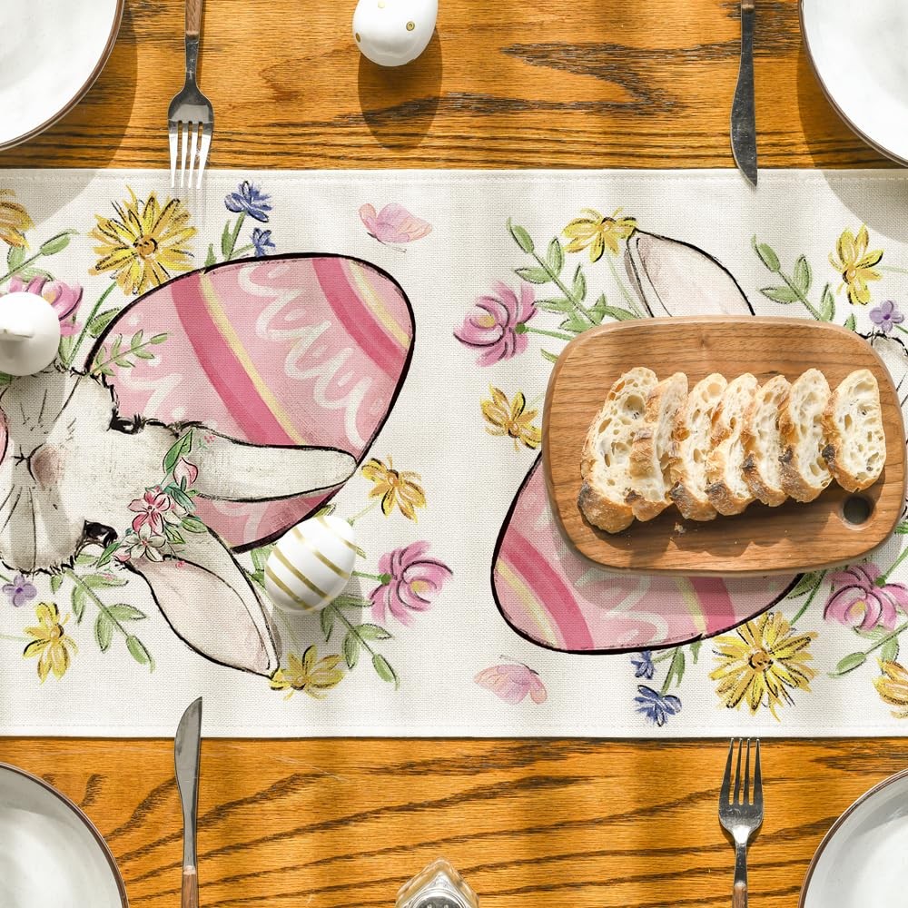 Artoid Mode Bunny Rabbit Egg Flower Easter 13" x 72", Table Runner, Beige