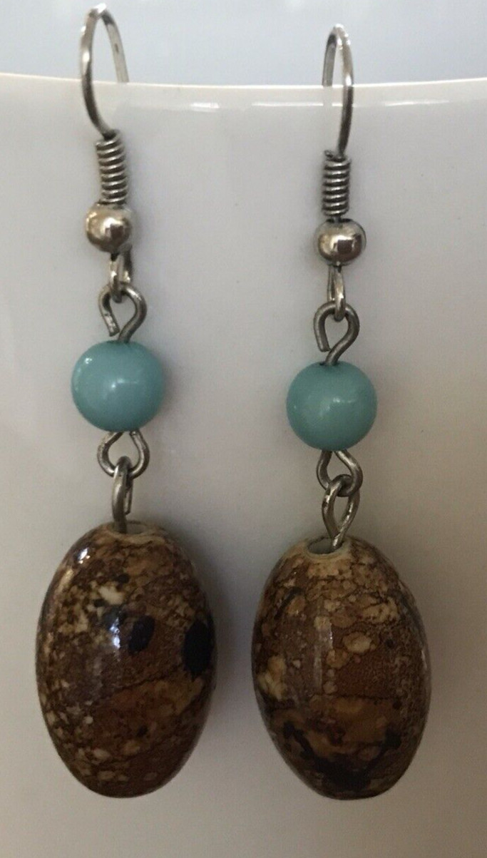 Julielle Betel Nut Hanging Earrings with Turquoise Bead Hand Made
