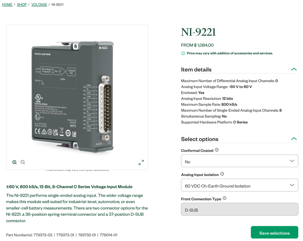 National Instruments NI-9221 Analog Input Module +/- 60V 24bit 8-Ch