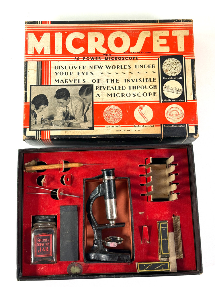 Antique 1920s 30s Microset Toy Microscope set w/ box science