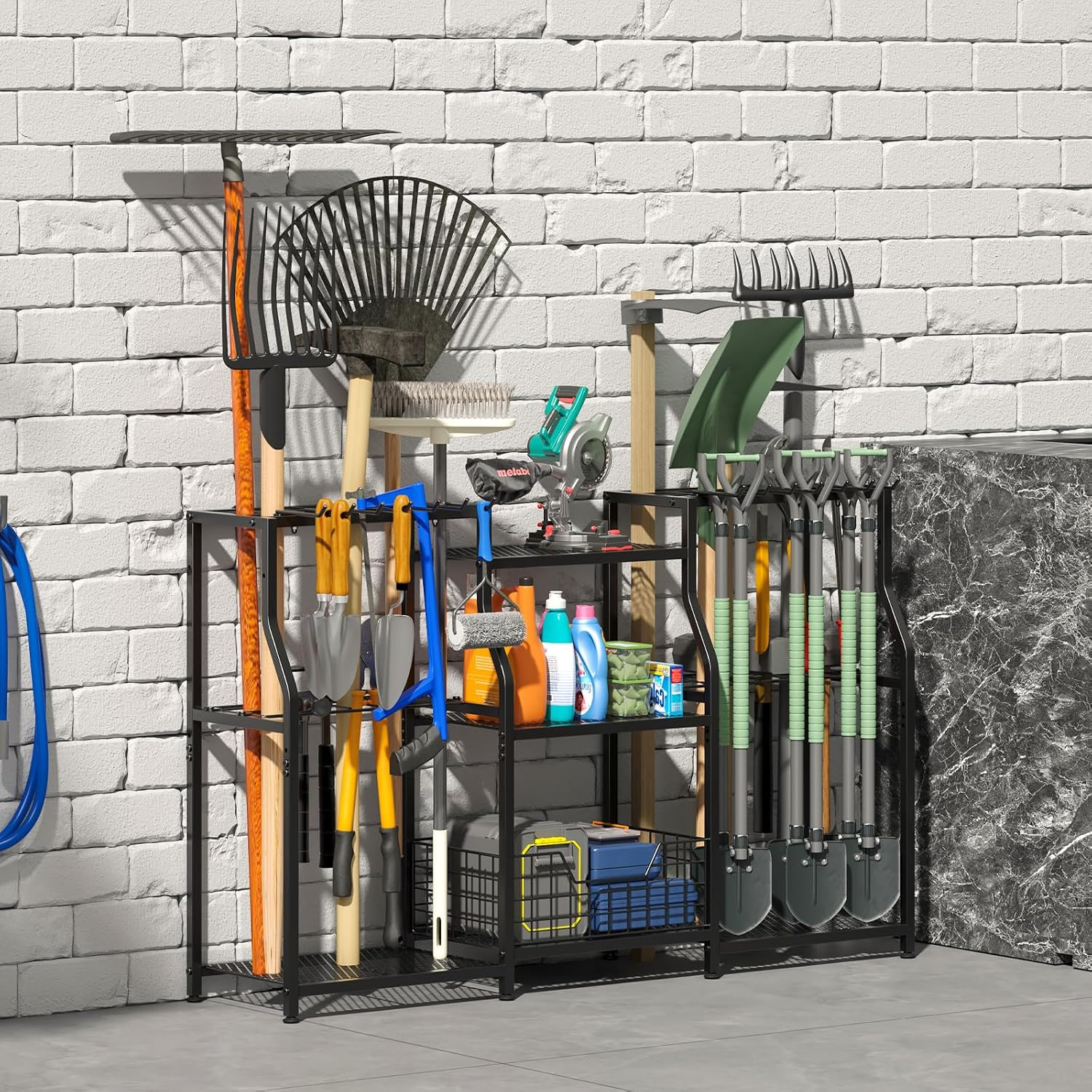 Heavy Duty 3-Tier Garden Tool Organizer Rack with Hooks Storage Shed Garage