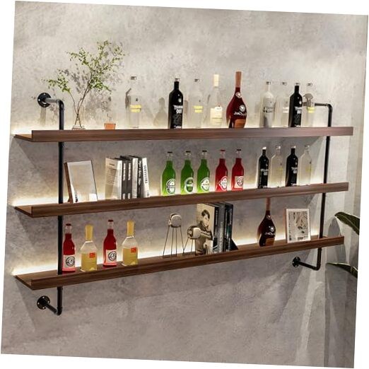 Solid Wood Wall Mounted Wine Rack, Large Bar Shelf with Led Light, 47.2 inches