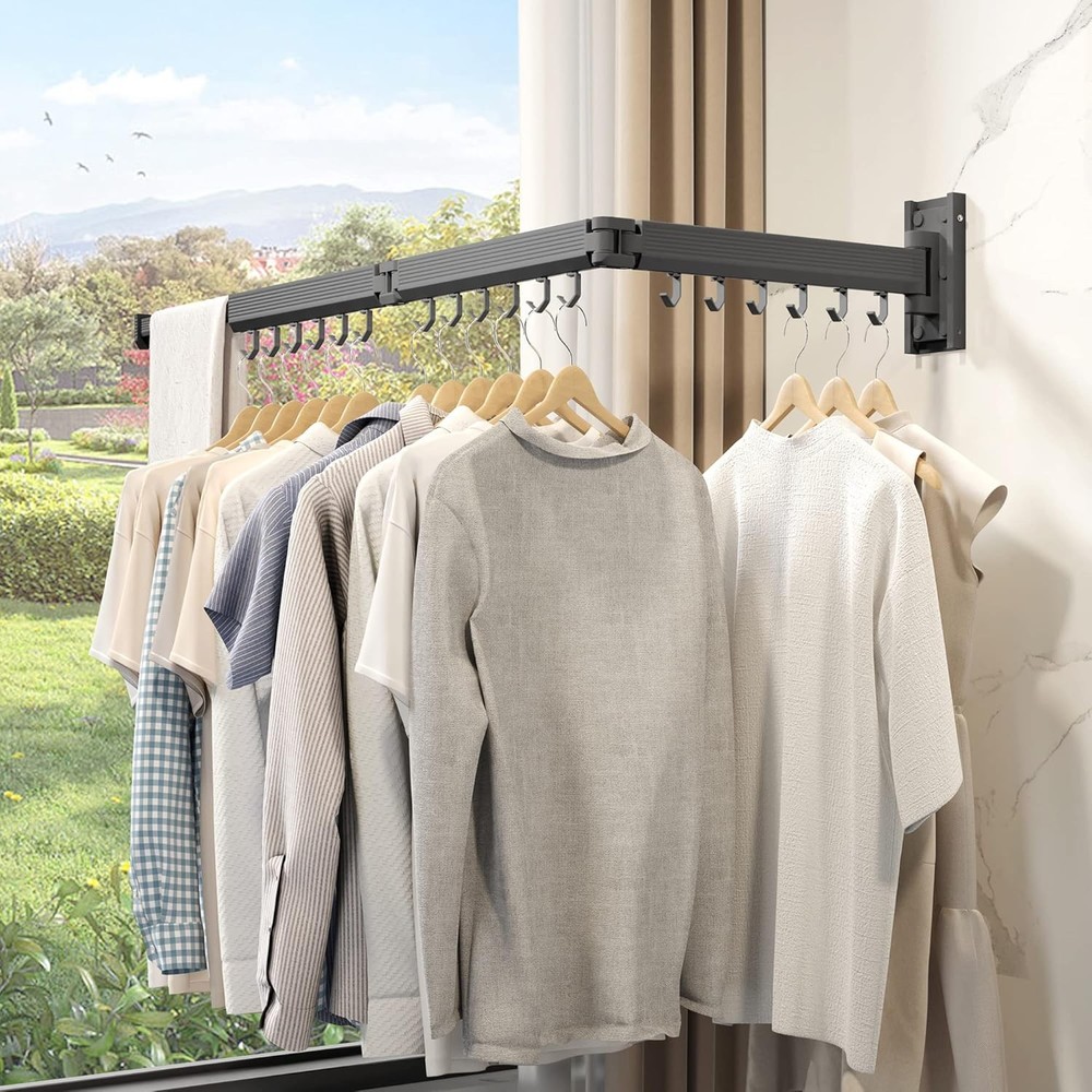 Wall-mounted drying rack, foldable and retractable, for hanging clothes