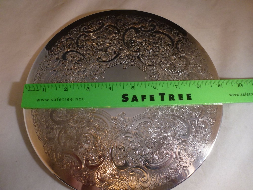 Vintage Silverplate 9" Round Etched Serving Trivet Plate Made In England Signed