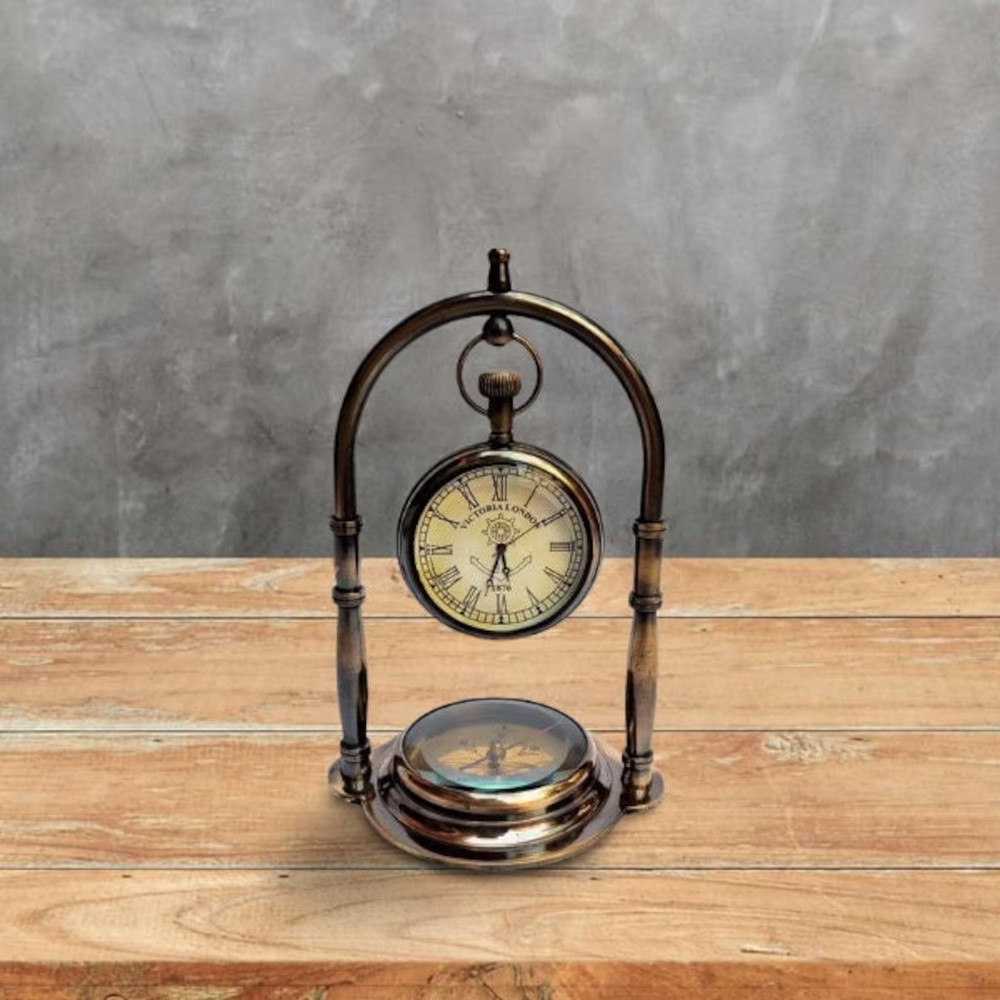 Table Clock Nautical Ship Desk Brass Maritime Compass With Antique Hanging Clock