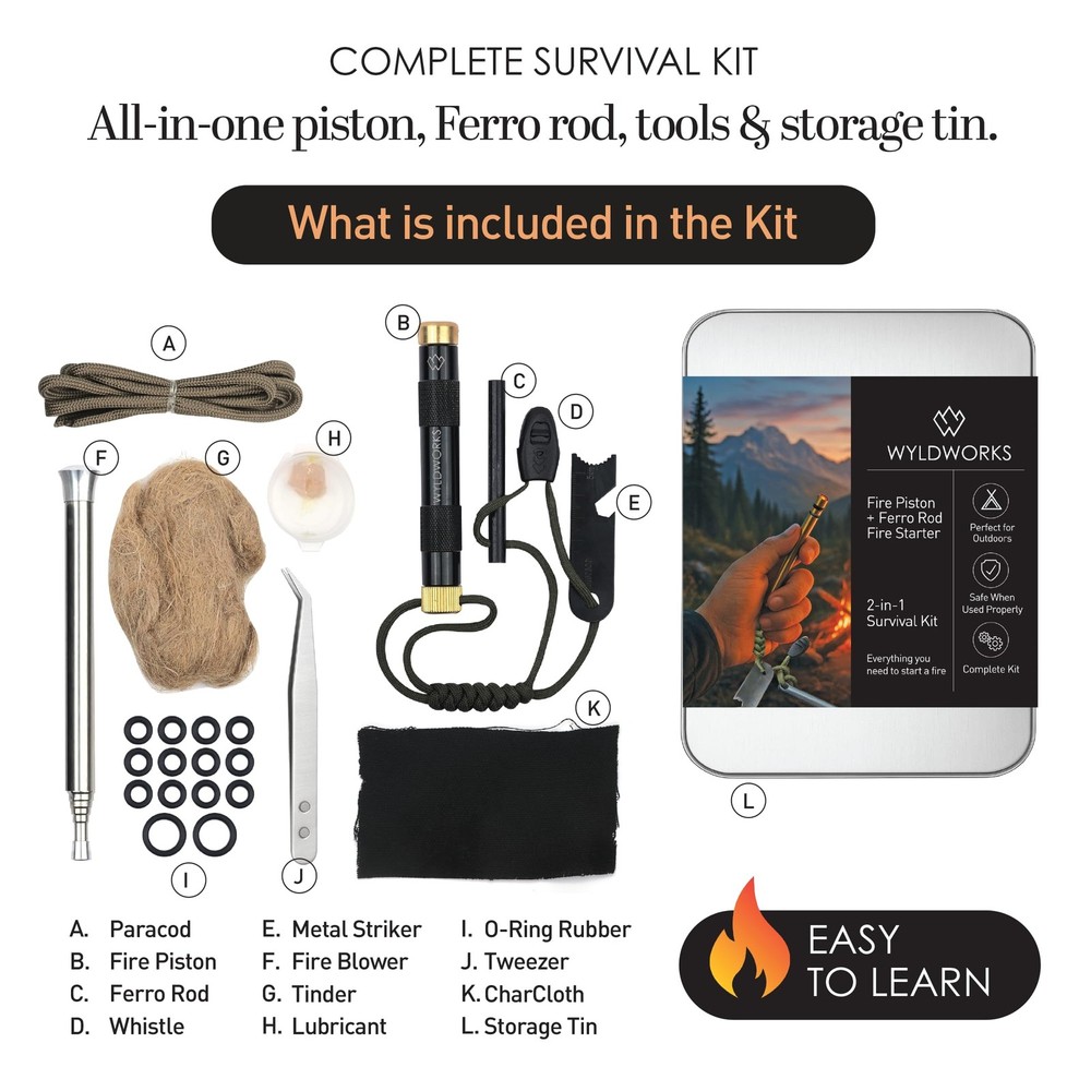 Fire Piston - Ferro Rod - 2 in 1 - Fire Piston Fire Starter Kit - Fire Starte...