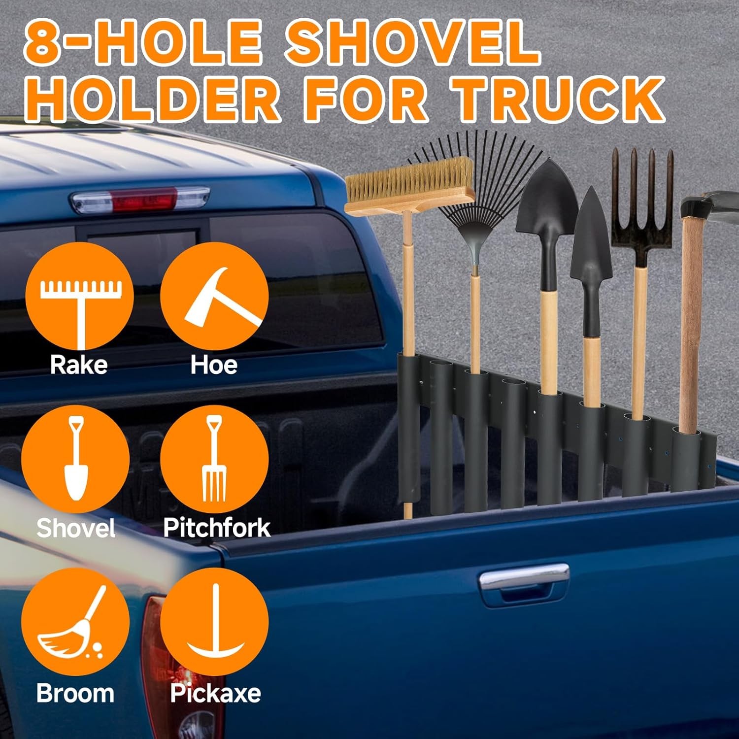 Shovel Holder for Truck 8-Hole Shovel Mount Metal Trailer Tool Rack with 8 Tool