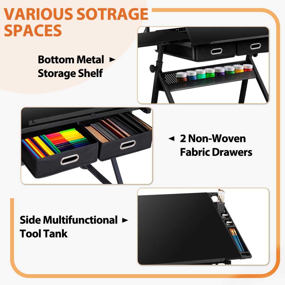 Adjustable Drafting Drawing Table Tabletop Tiltable w/ Stool & Outlet Black