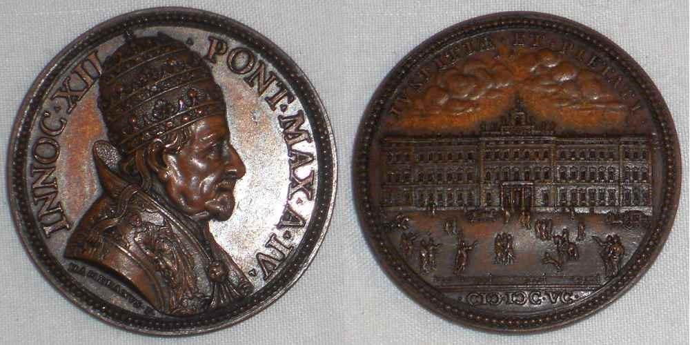 1694 Papal Bronze Medal Pope Innocent XII A. IV New Palace for The Curia AU++